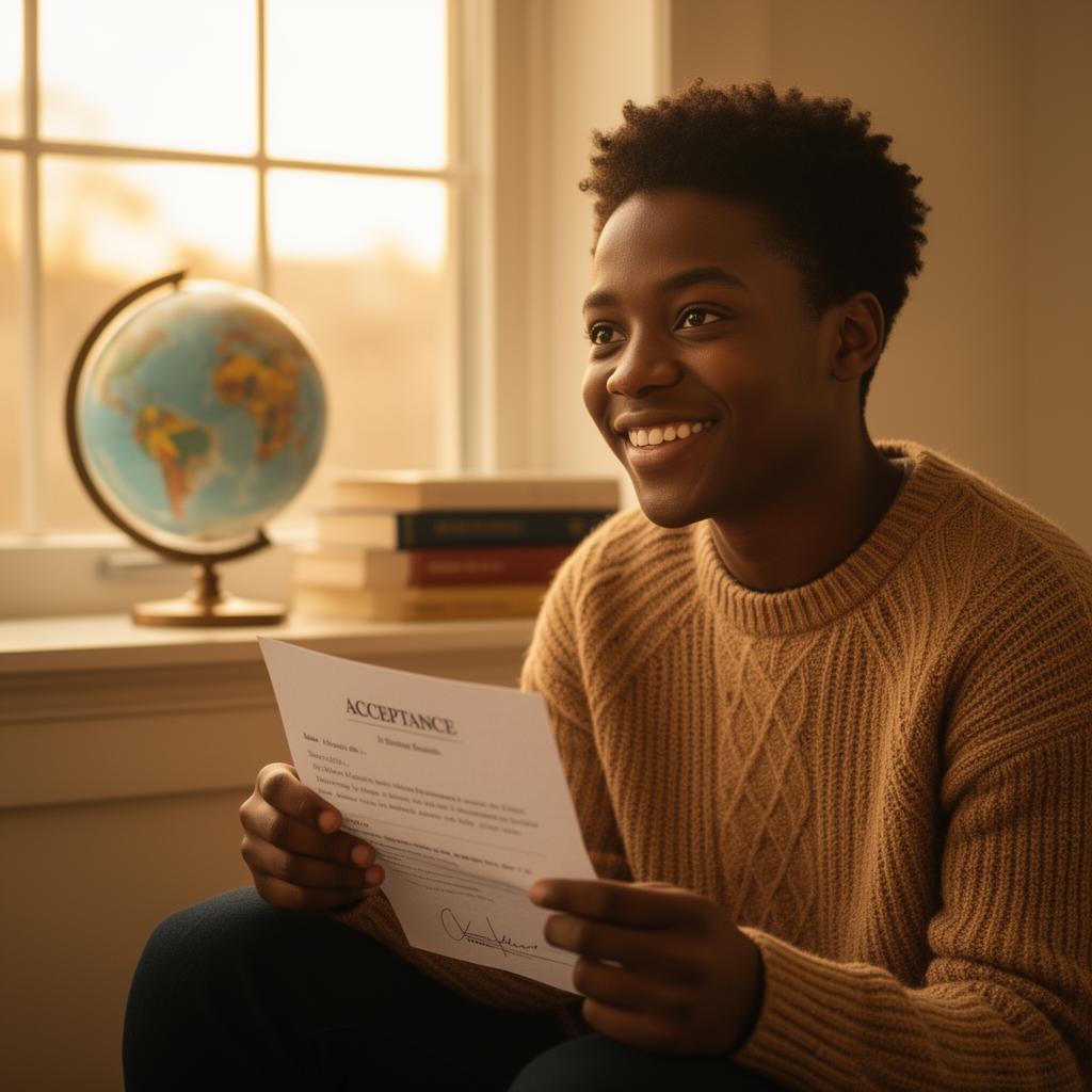 Student receiving acceptance letter to study abroad